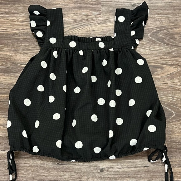 Scoop Women's Flutter Sleeve Black White Polka Dot Top with Tie Hem Size Large - Picture 1 of 9